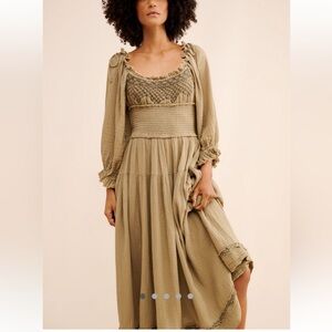 Free People Toledo Embroidered Midi Dress Greyed Olive